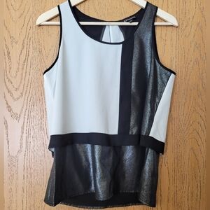 Express black & white shimmery tiered peek a boo back sleeveless blouse S